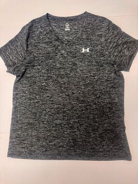 Under Armour HeatGear V Neck Shirt Women’s Large Gray Black Athletic Tee